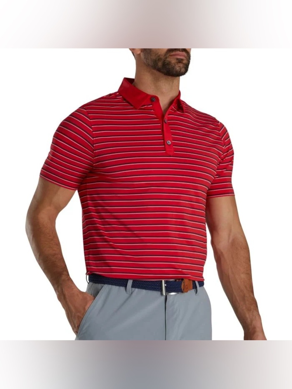FOOTJOY Men’s Athletic Fit Multi-Stripe Lisle Self Collar Golf Polo in Red
